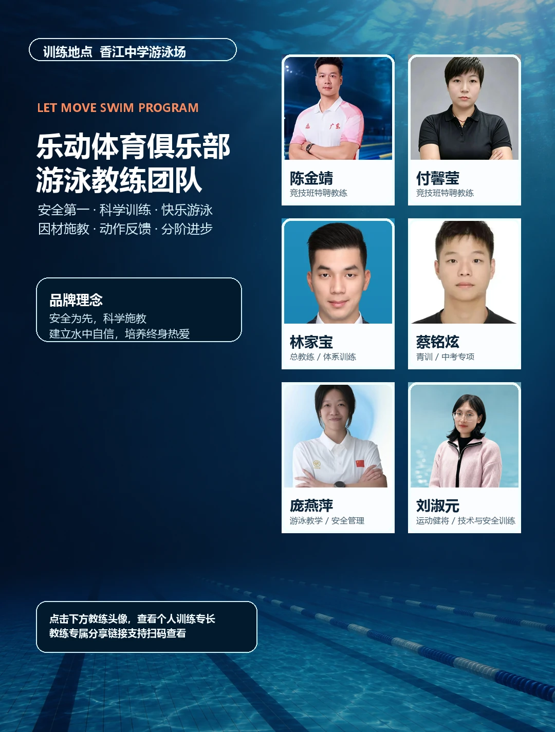 香江游泳教练团队，展示陈金靖、付馨莹、林家宝、蔡铭炫、庞燕萍、刘淑元等教练